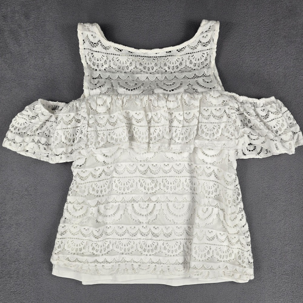 Lilly Pulitzer Shirt Womens Medium White Lace Cold Shoulder Ruffle Boho - Picture 3 of 9